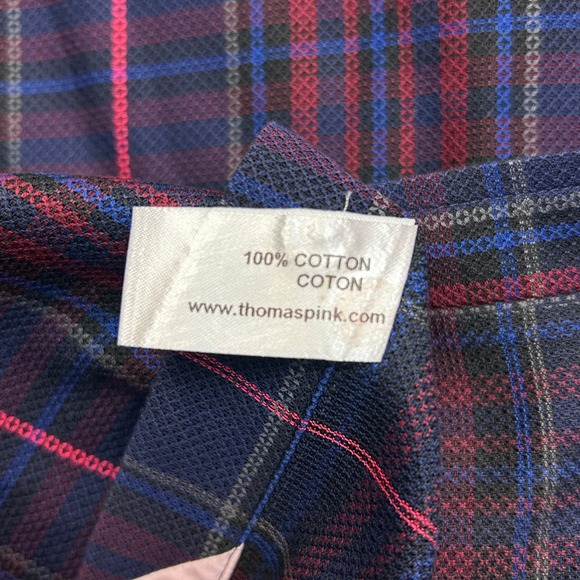 Thomas Pink Dress Shirt Mens 15.5 Blue Pink Plaid Slim Superfine Italian Cotton - Picture 11 of 13